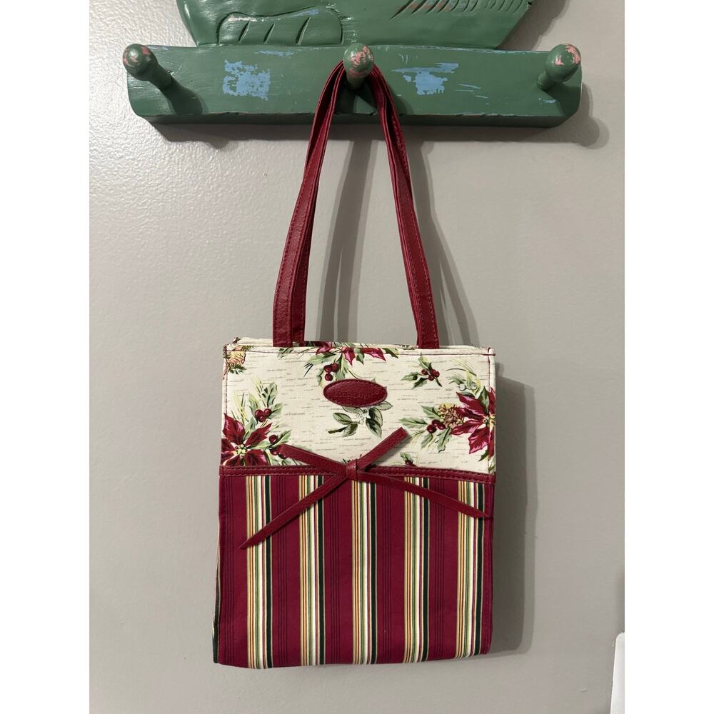 Longaberger Holiday Stripe & Poinsettia Fabric Bag Purse/Tote 8x9x3" Giftable